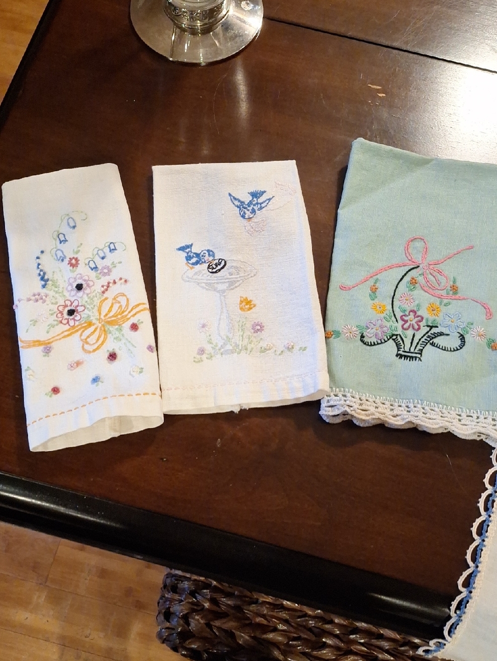 Vintage Hand Embroidered linen Towels -  Green One 16 X 18" , White Ones 10 X 17